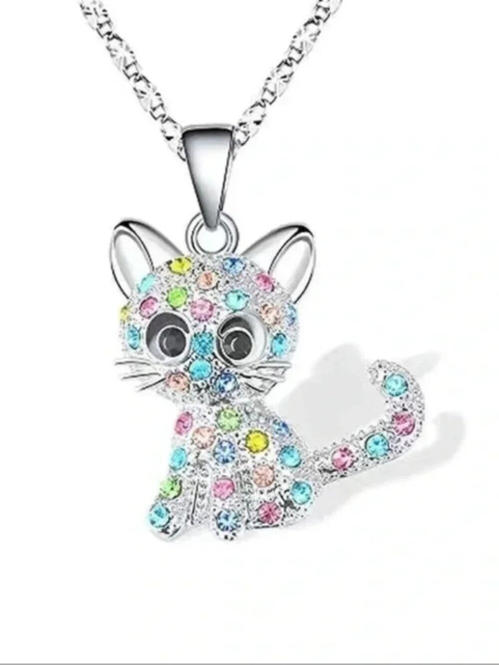 Colorful Rhinestone Silver Cat Pendant Necklace